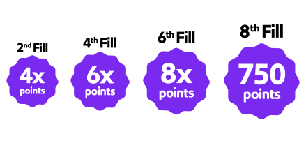Nectar purple bonus points stamps for 2x, 4x, 6x, 8x and a 750 points final bonus