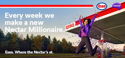 A person jumps in front of an Esso petrol station as purple confetti falls around them. The image promotes the Esso and Nectar Millionaire prize campaign.